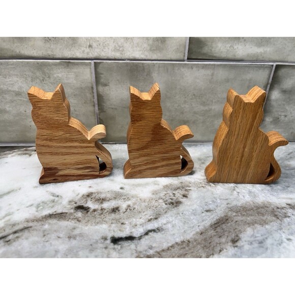 Wood Cat Cutouts Set Of 3 Montessori Toy Feline Kitty Orange Cat Statue Trinkets - Picture 3 of 6